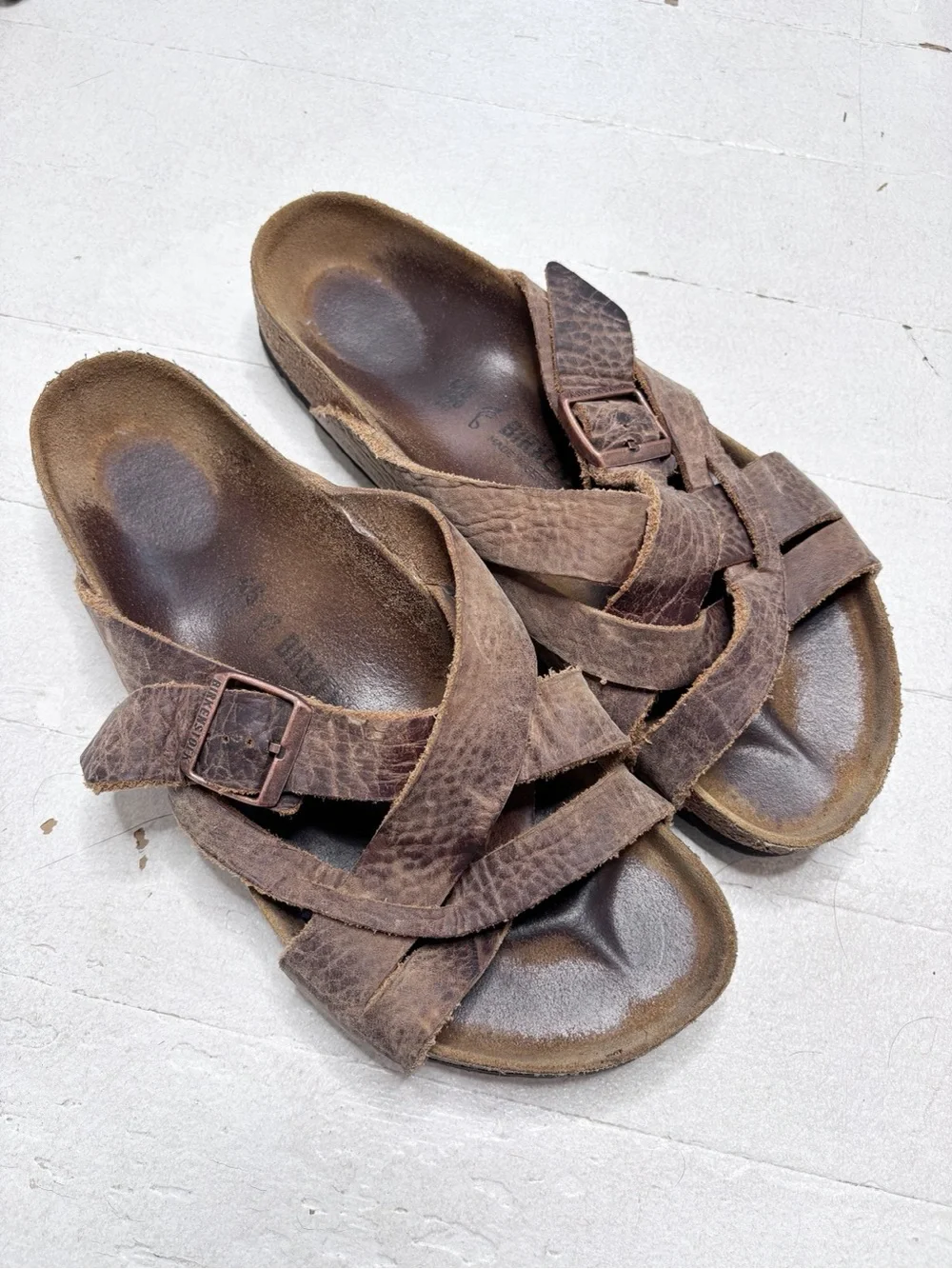 Birkenstock Lugano Rustic Oiled Leather Criss Cross Sandals Brown Size 45 Reg